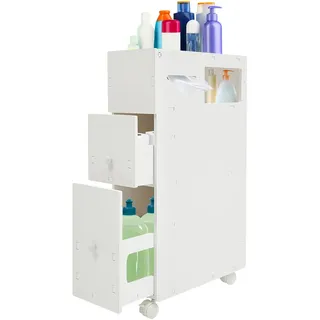 Badezimmerschrank schmal 19,5 cm Nischenschrank mit 2 Schubladen und Rollen | Holz-Kunststoffplatte, WC-Schrank für kleine Bäder, 4 Bremsrollen, Badschrank klein, Tissuefach, offenes Ablagefach