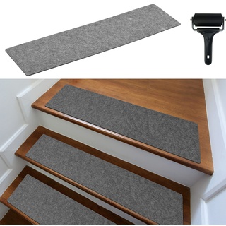 cocofy Treppenstufen Matten modern 5er Set, 75x20 cm groß Filz selbstklebend | Stufenmatten innen 5 Stück Teppich Treppenstufen Treppenteppich selbstklebend Treppen Teppichstufen Stufenteppich, grau