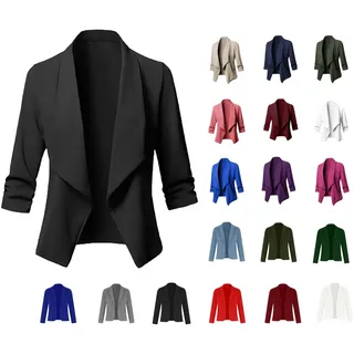 KDEIHT Blazer Damen Sommer Kurzblazer Casual Business Jacke Arbeit Büro Strickjacke Einfarbig Revers Mantel Anzüge Slim Leicht Coat Langarm Elegant Bequem Sommermantel Vintage Lässiges Kleidung - 4XL
