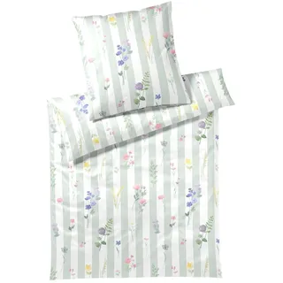 ELEGANTE Flowerstripe Mako Satin Zartgrün 135 x 200 cm + 80 x 80 cm