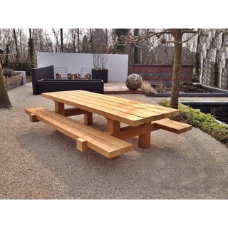 Casa Padrino Gartenmöbel Set Rustikal Tisch + 2 Garten Bänke 180 x ca. 155 x H80 - Eiche Massivholz