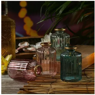 MARELIDA Dekovase Mini Glas Vase mit Rillen Blumenvase Deko Glasflasche mit Goldrand 4St (4 St) lila