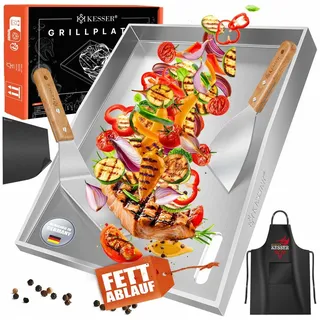 KESSER Grillplatte Plancha aus Edelstahl hitzebeständig bis 800°C (inklusive 2 Spatel, Grillschürze & Grillmatte), Grill Platte für Gas- & Holzkohlegrill mit Fettablauf & Anti-Stick