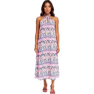 Damen Sommer-Kleid Neckholder-Kleid mit farbenfrohen Allover-Print ärmelloses Maxi-Kleid 968836 Rosa/Orange/Schwarz - 50