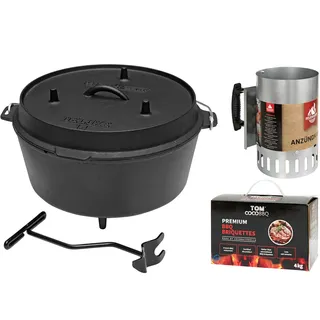 Camp Chef Deluxe Dutch Oven DO-14, Set mit Tom Coco Grill-Briketts und Feuergott