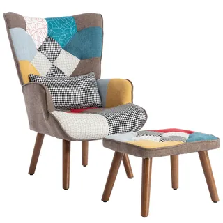 Stuhl mit Fußhocker Set, Komfort Sessel für Wohnzimmer, Relaxstuhl, Massivholz & Metall, Polstersessel, Bunt, 69x95x51 cm