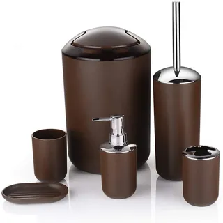 6-teiliges Badezimmer-Zubehör-Set aus Kunststoff, Luxus-Bad-Zubehör, Bad-Set, Lotion-Flaschen, Zahnbürstenhalter, Zahnputzbecher, Seifenschale, WC-Bürste, Mülleimer (braun)