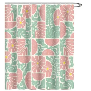 Coonoor Duschvorhang Boho Duschvorhang mit abstraktem, buntem Blumenmuster Breite 180 cm (1-tlg), Vintage Retro Patchwork – Geometrisches Botanisches Design für das Bad grün|rosa