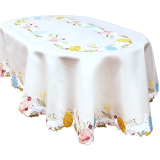 Simhomsen Ovale Tischdecke mit bunten Eiern und Hasen, Bestickt, für Ostern oder Frühling (oval, 140 x 213 cm), cremefarben
