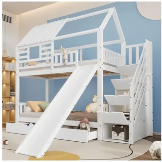 HAUSS SPOLE Etagenbett 90x200cm mit Treppe, Rutsche, Fallschutzgitter und Schublade, Weiß