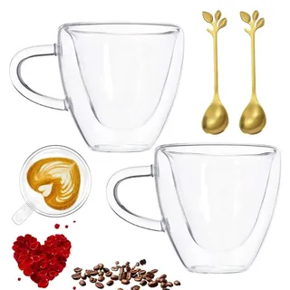 Umllpet 250ml Herz Doppelwandige Latte Macchiato Gläser Borosilikatglas Kaffeetassen Glas Set Kaffeeglas Teegläser für Cappuccino, Latte, Eistee, Iced Americano, Milch, Saft, Bier, 2 Stück mit Löffel