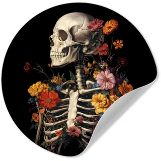 MuchoWow Wandsticker Skelett - Blumen - Totenkopf - Farbenfroh (1 St), Tapetensticker Selbstklebend, Wandbild Wohnzimmer, 80x80 cm bunt 80 cm x 80 cm x 0.1 cm