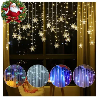 Rosnek LED-Lichtervorhang 12cm Schneeflocke Weihnachtsbeleuchtung, 8 Modi, Timer, anschliessbar, Speicherfunktionen; Wohnzimmer Deko