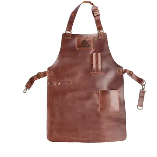 BURNHARD® Grillschürze Leder Braun, Lederschürze 100% Büffelleder, Größenverstellbar, BBQ-Schürze mit Taschen, Kochschürze