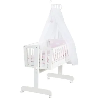 roba Babywiege Kleine Wolke 40 x 90 cm aus Holz - Stubenwagen & Wiege - Bett Set komplett mit Feststellfunktion & textilem Ausstattung - Weiß / Rosa - Weiß