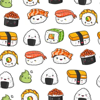 Süßer Sushi Polsterstoff,Meterware Dekorationsstoff im Kawaii Stil im japanischen Stil für Polster Heimwerkerprojekte,Karikatur liebliches Muster,wasserdichter Outdoor Stoff,92x160cm,Weiß Orange