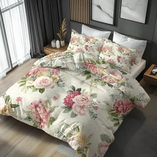 Generisch Bettwäsche 200x200 Aquarellblatt Mit Blumen - Schlafzimmer Deko Bettbezug 200 x 200 3tlg Romantisch Land Peonie Rose Muster, 2 Kissenbezug 80x80, mit Reißverschluss, Weich Mikrofaser SK#95