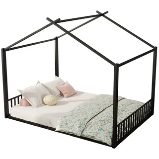 Flieks Metallbett, Doppelbett Hausbett Kinderbett 140x200cm mit Lattenrost schwarz 147 cm x 205 cm x 165 cm