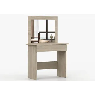 MOEBLO Schminktisch RIN (mit LED-Beleuchtung und Spiegel, Kosmetiktisch mit 2 Schubladen, modern, Weiß / Eiche Sonoma, Frisiertisch, Schminktisch, Kosmetiktisch, Spiegel), (BxHxT): 94x145x43 cm, Großer Spiegel 60 x 70 cm beige