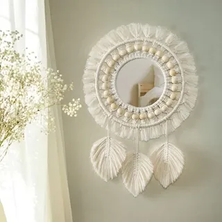 Boho-makramee-fransen-wandspiegel Mit Federanhänger Aus Holzperlen, Runder Kunst-wandspiegel Für Schlafzimmer, Flur, Wohnzimmer, Wohndekoration (beige)