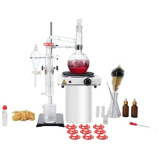 Vevor Destillationsset für Ätherische Öle, 500 ml Destillationsapparat, 3,3 Boro-Laborglas-Destillationsset mit 1000 W Heizplatte und 24, 40 Gelenken, 33-teiliges Set