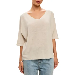 SOVENTUS FASHION Feinstrickpullover Damen V-Ausschnitt dünner Pullover Damen Oversize Leichter eleganter Glitzer Lurex Pullover Frauen, Made in Italy, beige - Einheitsgröße