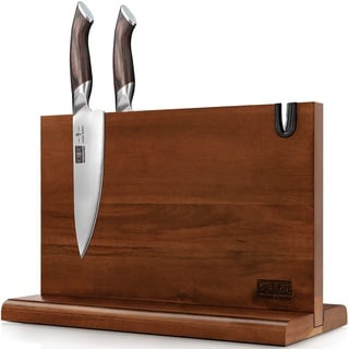 HOSHANHO Messerblock Magnetisch mit Schärfer, Doppelseitiger Starker Magnetischer Messerhalter, Natürlichem Akazienholz-Magnet Messerhalter für Küche