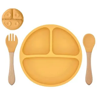 König Design Kindergeschirr-Set Babyteller Kinderteller mit Saugnapf Teller mit Löffel Gabel, 1 Personen, Silikon BPA Frei Baby Tischset für Baby und Kinder gelb