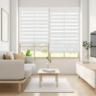 Blindecor Lira doppelrollo - duo rollo tag und nacht Gebrochenes Weiß - 130 x 180 cm (Breite x Länge) | Stoffgröße 127 x 175 cm | Fensterrollo zebra