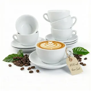 MUVELL Cappuccinotasse 6er Cappuccino-Set "VERONA" Tasse 200ml + Untertasse, weiß, 6-tlg., Keramik, 200 ml Weiß mit weißen Rand und Innenfläche weiß Ø 10 cm x 10 cm x 6 cm
