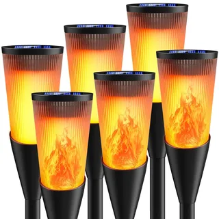 Solarlampen für Außen Gartenfackeln, 6Stück 2Modi Solarleuchten für Draußen,IP65 Wetterfest Fackeln Lampe,Solar Bodenleuchten mit Realistischen Flammeneffekt für Gartenbeleuchtung,Weg,Hinterhöfe,Rasen