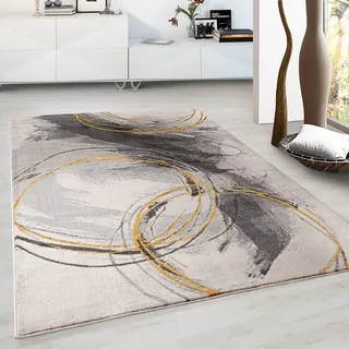 Designer Teppich Modern Kreiselmotiv Leinwandoptik Grau Gelb, Maße:80x150 cm