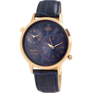 Q&Q by Citizen Herren Armband Uhr Blau Gold Analog Dual Timer 2 Zeitzonen Quarz - Blau/Blau