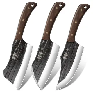 HOSHANHO Metzgermesser Set, 3-teiliges Serbisches Kochmesser Set aus Hartstahl mit Robustem Ausbeinmesser und Hackmesser sowie Wikinger Messer für Zuhause, Kochen, Outdoor-Camping und BBQ