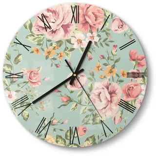 DEQORI Wanduhr 'Tapete mit Blumenmuster' (Glas Glasuhr modern Wand Uhr Design Küchenuhr) rosa 30 cm x 30 cm