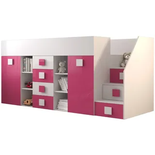 QMM TraumMöbel Hochbett TELLY 3 mit Treppe rechts (Bett, Schrank, Schreibtisch, Schubladen, Regale, Treppe) ausziehbarer Schreibtisch rosa