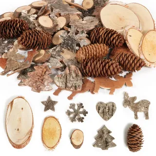 BOFUNX 71 STK Tisch Deko Adventskranz Deko Natur Weihnachtsdeko mit Holzscheiben und Baumrinde zum Basteln Weihnachten Streudeko Basteln für Adventskranz Weihnachtskranz