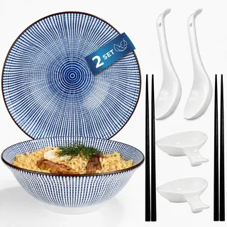 Urban Lifestyle Ramen Schüssel Set für 2 Personen TOKUSA Asiatisches Geschirr im japanischen Stil aus Porzellan Ø 20,5 cm 1000 ml mit Ramen Bowls, Essstäbchen, Löffel & Dipschalen