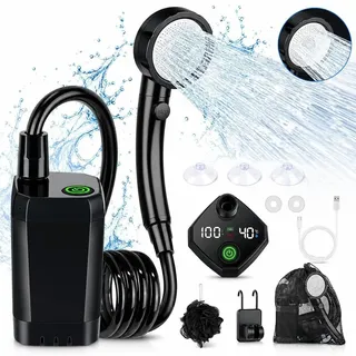 Tragbare Campingdusche 6000mAh, elektrische Duschpumpe mit Temperatur- & Akkuanzeige, Duschkopf und 2m Schlauch, für Camping, Garten, Auto, Haustiere - Schwarz