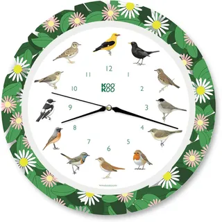 KOOKOO Singvögel Flower Planet, Quarzwerk, Die Singende Vogeluhr, ist eine Uhr mit 12 heimischen Singvögeln und echten, natürlichen Vogelstimmen, 34cm