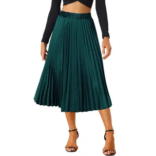 Allegra K Damen Hohe Taille A-Linie Elastisch Plissee Metallisch Party Faltenrock Maxirock Rock Grün XL - XL
