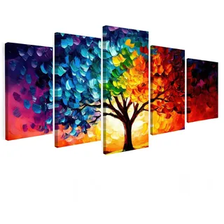 LEINWANDBILD 5er Set Baum - Farbenfroh - Malerei-Look - Abstrakt 200x100 cm