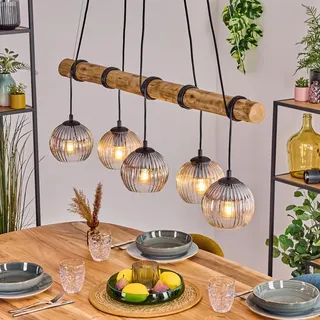 HOFSTEIN Pendelleuchte Koyoto, Hängelampe aus Metall/Holz/Riffelglas in Schwarz/Natur/Rauch/Bernstein/Klar, Hängeleuchte im Boho-Design mit Glasschirmen (Ø 15 cm) und Holzbalken, E27, Esszimmer, Küche