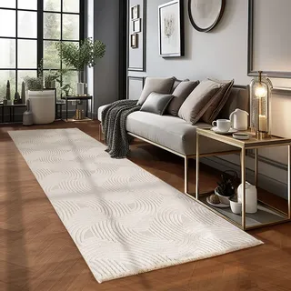 Carpetsale24 Kurzflor Teppich Läufer 80x250 cm Beige Modern Skandinavisch Boho Design Einfarbig 3D Effekt Weich Waschbar Pflegeleicht für Flur Eingang Küche Schlafzimmer