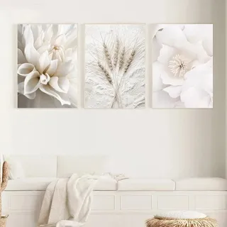 Sarah Duke 3er Set Premium Poster, Weiße Rose Blume Bilder, Ohne Rahmen Moderne Leinwandbilder, Boho Wandbilder Wanddeko für Wohnzimmer Schlafzimmer (B,40x50cm)