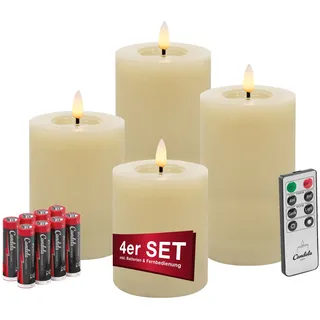 Candela Lights LED Kerzen 4er Set Winter Cream glatt Echtwachs inklusive Fernbedienung und 8 Batterien Timer Funktion & mehrstufig dimmbar flammenlos Echtwachskerzen Stumpenkerzen