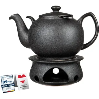 Urban Lifestyle Liverpool Teekanne mit Stövchen 1,6 L Schwarz aus Steinzeug Teekanne mit Edelstahlsieb und Siebeinsatz tropffrei für losen Tee Kräutertee Früchtetee und Teebeutel