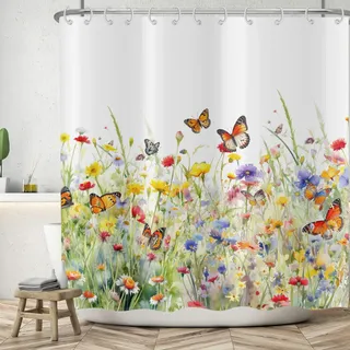 ASDCXZ Blumen Duschvorhang 180x180 cm, Frühling Aquarell Gelb Lila Rose Bunt Blumen Schmetterling Weiß Bad Waschbar Duschvorhänge Polyester Textil Wasserdicht Badevorhang für Badewanne mit 12 Haken