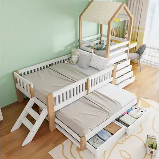 OKWISH Kinderbett Funktionsbett (Holzbett mit Ausziehbett 90x190 cm, Gästebett 90x200 cm, mit Seitentreppe, vierstufigem Schubladenblock und Stoffdach, Hausbett), ohne Matratze