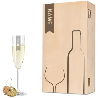 GRAVURZEILE Leonardo Sektglas - Graviertes Sektglas Elegant - Personalisiert mit Name inkl. Holzkiste - Personalisiertes Sektglas als Geschenk für Frauen & Männer - Geschenk für Sie & Ihn
